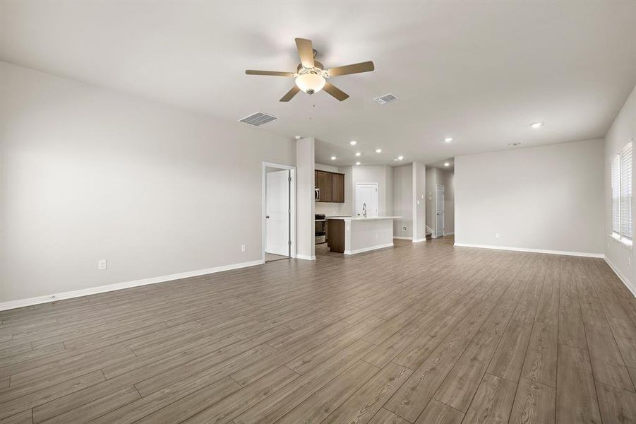 Living room, dining room and kitchen