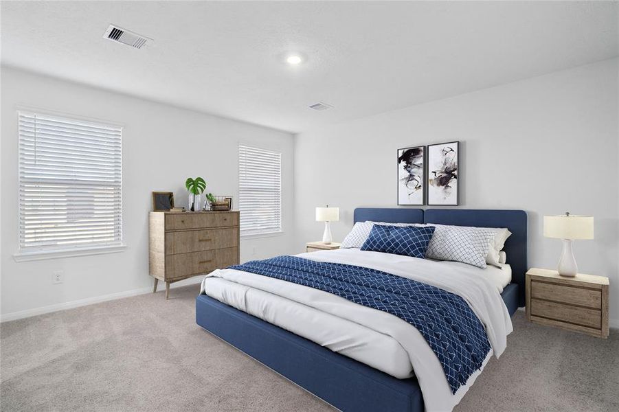 What a wonderful place to come home to, this stunning primary suite greets you with plush carpet flooring, a warm custom paint, high ceiling, lighting, large windows with blinds allowing in natural light brightening up this spacious primary bedroom.