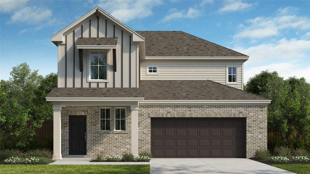 Front exterior of a new home in University Heights, Round Rock, TX, highlighting curb appeal (Image 1).