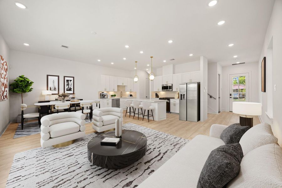 This light and bright spacious living room is the perfect layout for entertaining or just relaxing. Whether it's simply a night in or entertaining family and friends, this home has ample open space for everyone to enjoy! Featuring dark stained ceiling fan, vinyl plank flooring, large windows with blinds, high ceilings, recessed lighting with wonderful access to your gorgeous kitchen. This light and bright spacious living room is the perfect layout for entertaining or just relaxing. Whether it's simply a night in or entertaining family and friends, this home has ample open space for everyone to enjoy! Featuring dark stained ceiling fan, vinyl plank flooring, large windows with blinds, high ceilings, recessed lighting with wonderful access to your gorgeous kitchen.