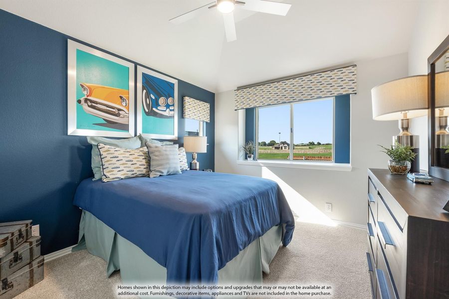 Bedroom with blue accent wall, car-themed wall art, ceiling fan, and carpet flooring Bedroom with blue accent wall, car-themed wall art, ceiling fan, and carpet flooring