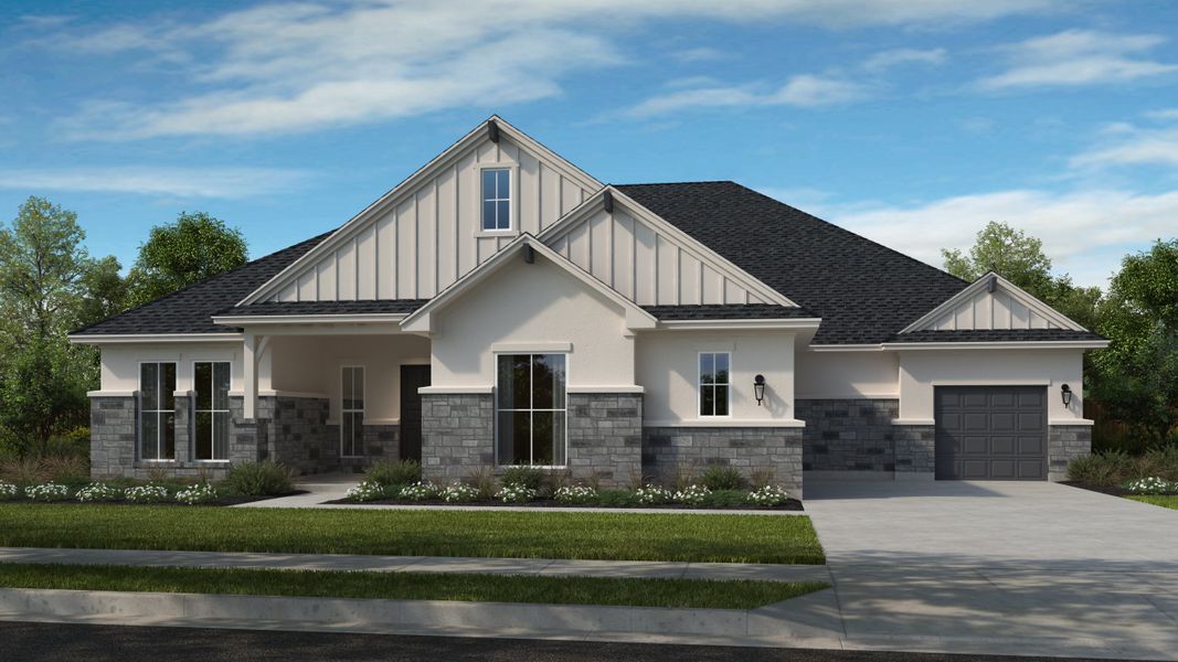 Front exterior of a new home in Riverstone, Georgetown, TX, highlighting curb appeal (Image 1). Front exterior of a new home in Riverstone, Georgetown, TX, highlighting curb appeal (Image 1).