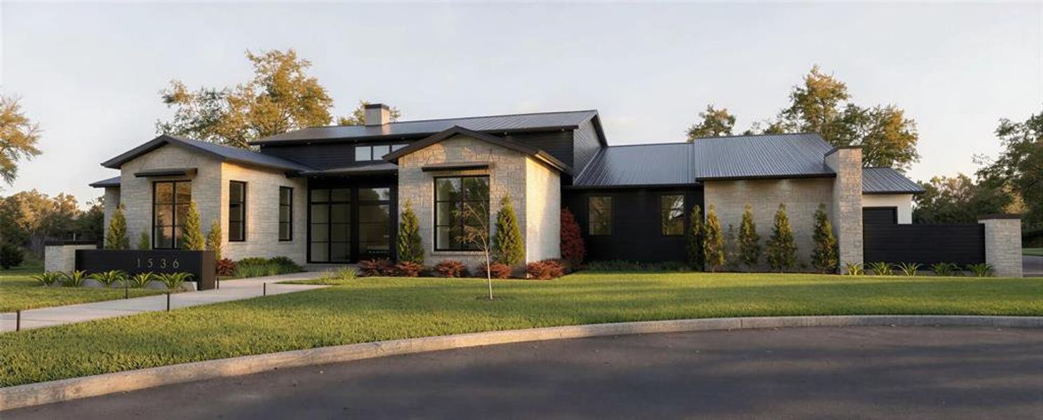 Contemporary home with a chimney, stone siding, a front lawn, and a metal roof