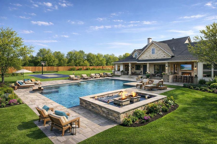 *CONCEPT ONLY* Swimming pool with a patio and an outdoor living space with a fire pit