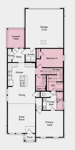 First Floor Plan - Additional highlights include: covered back patio, a soaking tub with a separate shower in the primary bathroom, and a gourmet kitchen
