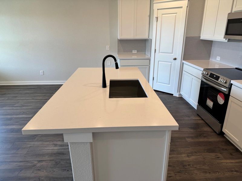 Kitchen with stainless steel appliances, dark wood-style flooring, and white cabinets Kitchen with stainless steel appliances, dark wood-style flooring, and white cabinets