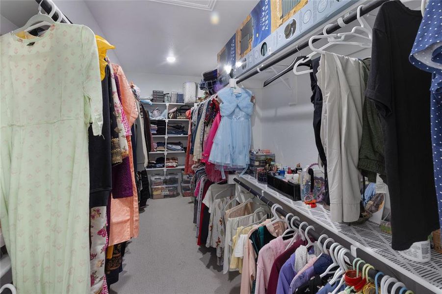 Walk-in closet featuring extensive built-in shelving, multiple hanging rods, and recessed lighting