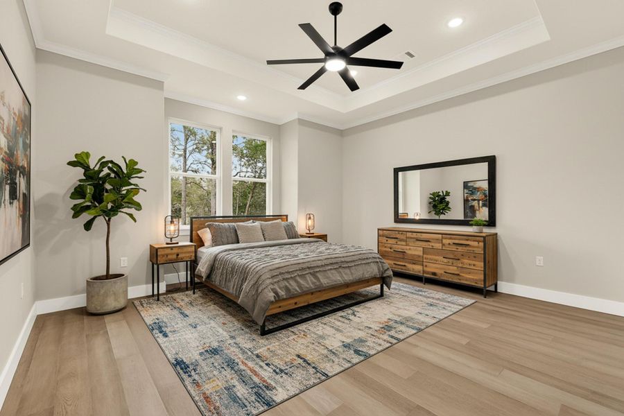 Bedroom crown molding, wood floors, ceiling fan, recessed lighting, virtually staged Bedroom crown molding, wood floors, ceiling fan, recessed lighting, virtually staged