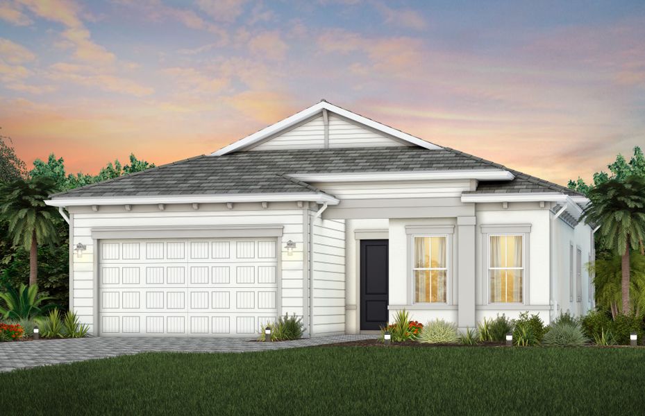 Front exterior of a new home in Avondale at Avenir, Palm Beach Gardens, FL, highlighting curb appeal (Image 2). Front exterior of a new home in Avondale at Avenir, Palm Beach Gardens, FL, highlighting curb appeal (Image 2).