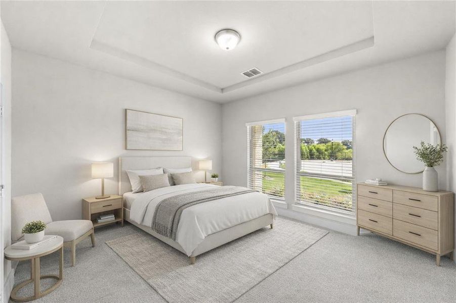 Spacious bedroom featuring a recessed ceiling, two large windows with blinds, light-toned carpeting, and a ceiling-mounted light fixture Spacious bedroom featuring a recessed ceiling, two large windows with blinds, light-toned carpeting, and a ceiling-mounted light fixture