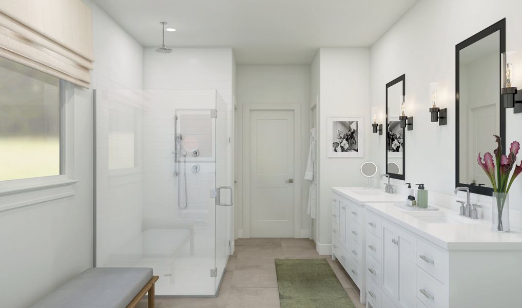 Primary bath with freestanding vanity and glass shower enclosure