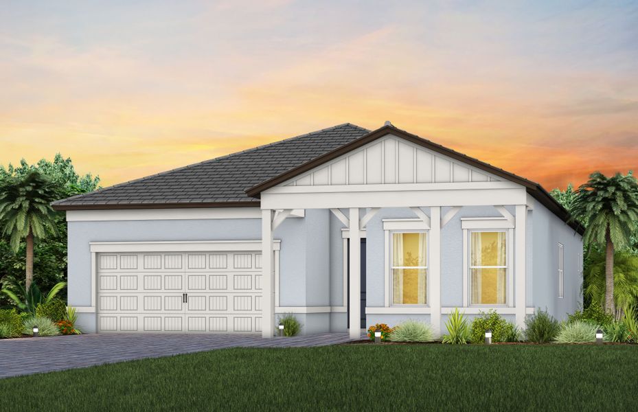 Representative exterior photo of a completed home built from the Prestige by Del Webb in Del Webb Explore North River Ranch, Parrish, FL (Image 18). Representative exterior photo of a completed home built from the Prestige by Del Webb in Del Webb Explore North River Ranch, Parrish, FL (Image 18).