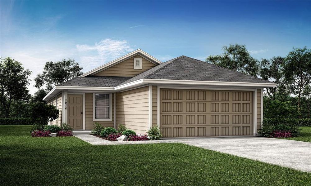 View of front of house with a garage and a front lawn