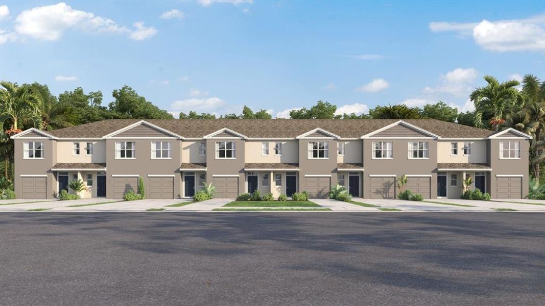 Front exterior of a new home in Towns at Woodsdale, Wesley Chapel, FL, highlighting curb appeal (Image 20).