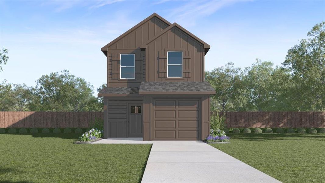 The property features a two-story facade with board and batten siding, a single-car garage, and a well-maintained lawn with a paved driveway The property features a two-story facade with board and batten siding, a single-car garage, and a well-maintained lawn with a paved driveway