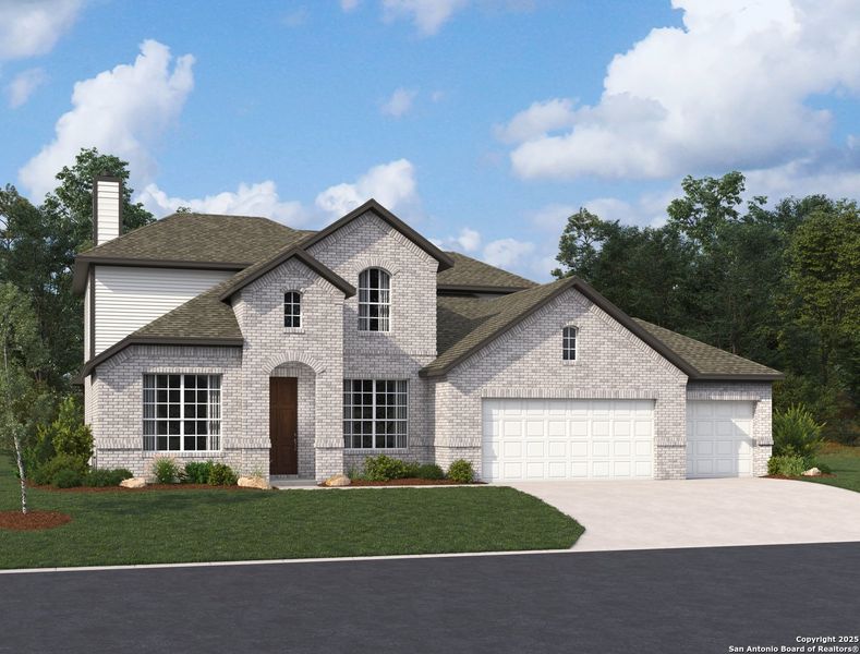 Front exterior of a new home in Megan's Landing 70's, Castroville, TX, highlighting curb appeal (Image 1).