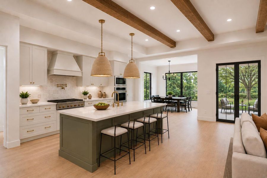 An open floorplan connects the gourmet kitchen to living spaces under handsome beamed ceilings.