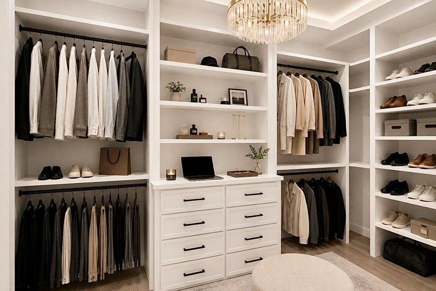 Staged Primary walk-in closet featuring custom built-in shelving, efficient organizational design, and abundant storage space. Staged Primary walk-in closet featuring custom built-in shelving, efficient organizational design, and abundant storage space.
