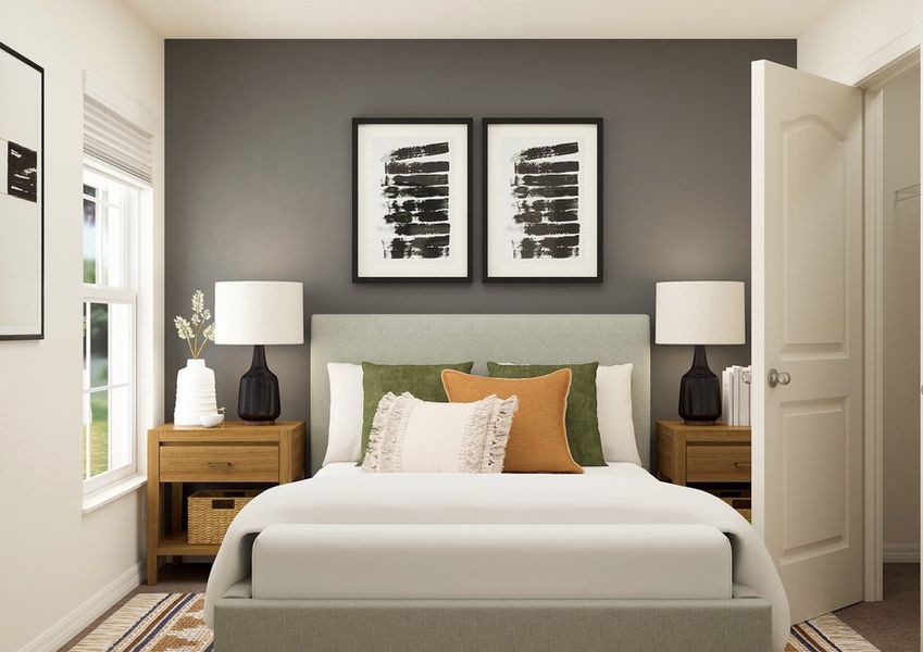 Rendering of a bedroom furnsihed with a white bed and two brown bedside tables. Rendering of a bedroom furnsihed with a white bed and two brown bedside tables.