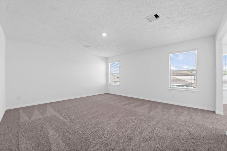 Relax and recharge in this stunning primary suite! This expansive room offers plush carpeting, neutral-toned walls, high ceilings, large windows fitted with privacy blinds, and an added sitting area—perfect for unwinding after a long day.