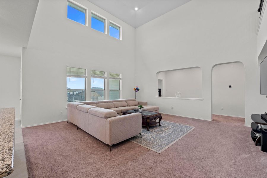 Living room featuring high vaulted ceilings, expansive windows, a pass-through opening, an arched entryway, and carpet flooring