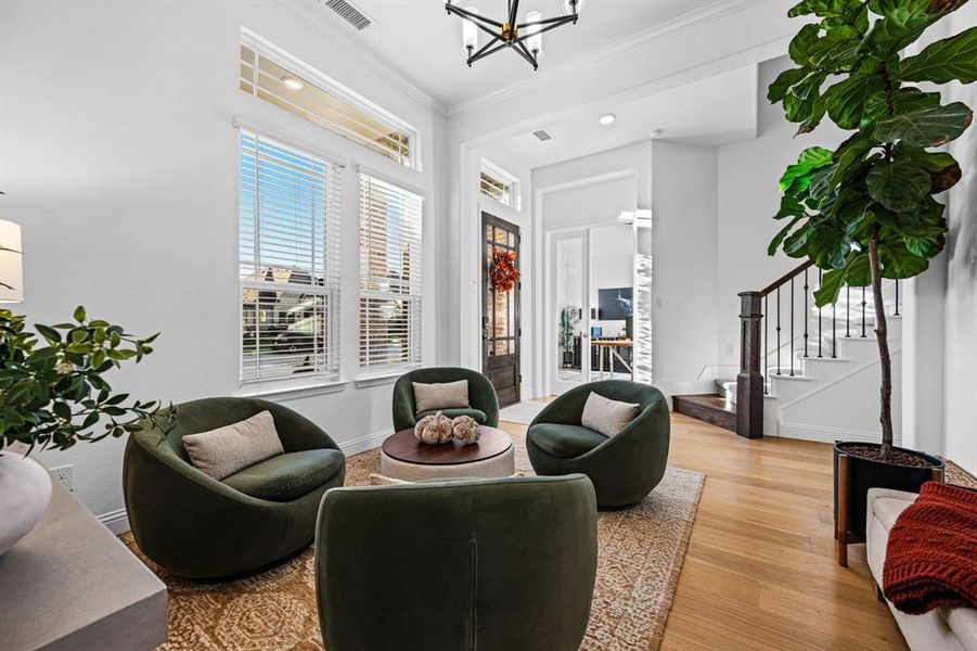 A good view of the open entry, office and stairs. A good view of the open entry, office and stairs.
