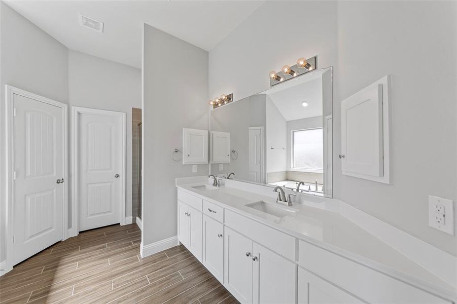 Bathroom featuring vanity and a shower