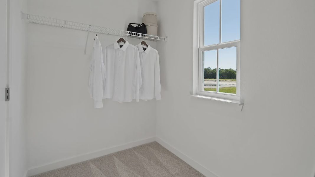 Primary suite walk-in closet with window in a DRB Home Clementine model at the Trinity Place community.