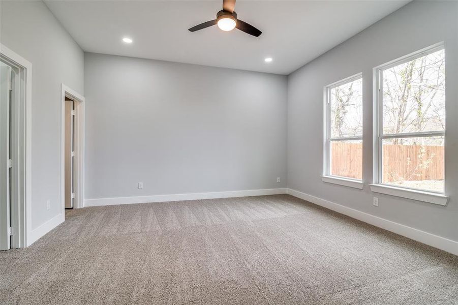 Spare room featuring a wealth of natural light, carpet, and ceiling fan