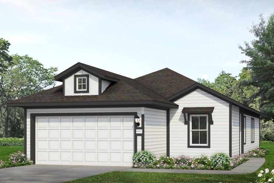 Front exterior of a new home in Cascade, Liberty Hill, TX, highlighting curb appeal (Image 1). Front exterior of a new home in Cascade, Liberty Hill, TX, highlighting curb appeal (Image 1).