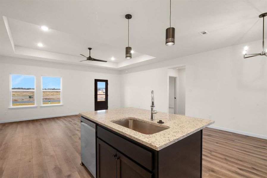 Kitchen with a tray ceiling, light stone counters, hanging light fixtures, and stainless steel dishwasher Kitchen with a tray ceiling, light stone counters, hanging light fixtures, and stainless steel dishwasher