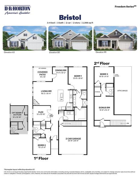 2D floor plan layout for the Bristol by D.R. Horton in The Villas at Galvins Ridge, Sanford, NC (Image 3).