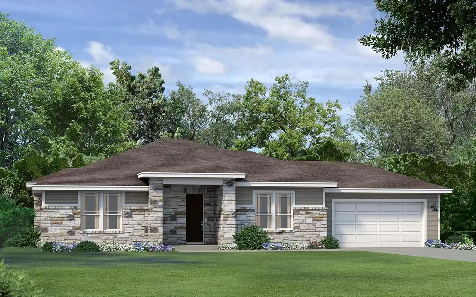 Prairie-style house with roof with shingles, a garage, a front lawn, concrete driveway, and stone siding