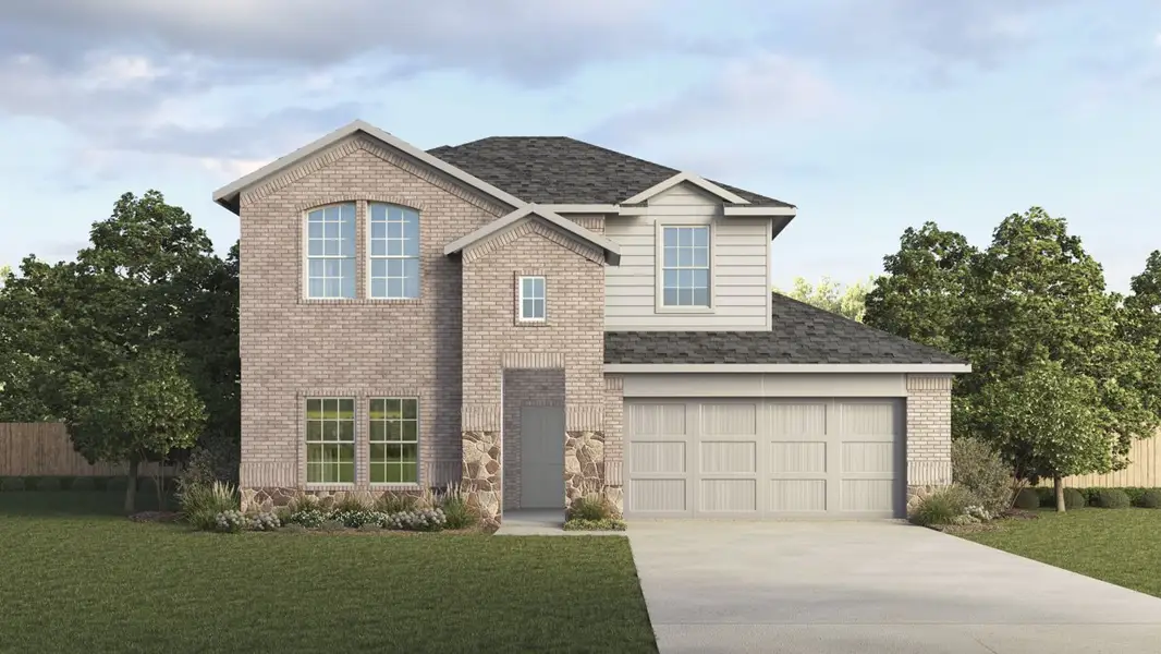 Front exterior of a new home in Fireside by the Lake, Garland, TX, highlighting curb appeal (Image 1). Front exterior of a new home in Fireside by the Lake, Garland, TX, highlighting curb appeal (Image 1).