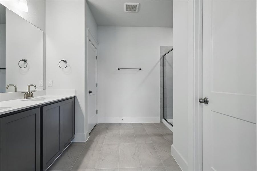 Full bathroom with double vanity and a stall shower