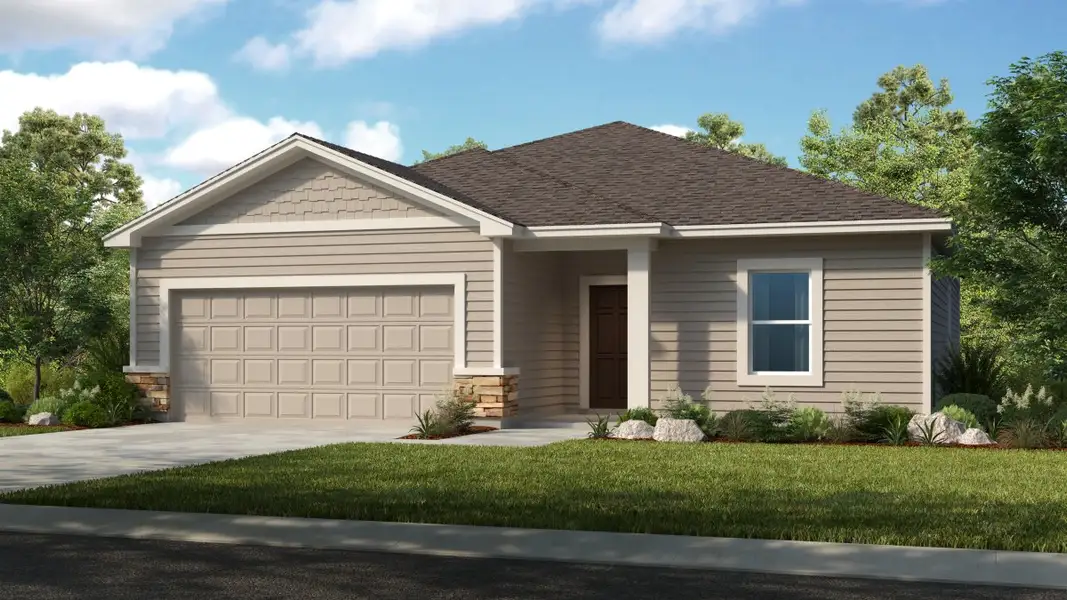 Front exterior of a new home in Coopers Meadow, Jacksonville, FL, highlighting curb appeal (Image 1). Front exterior of a new home in Coopers Meadow, Jacksonville, FL, highlighting curb appeal (Image 1).