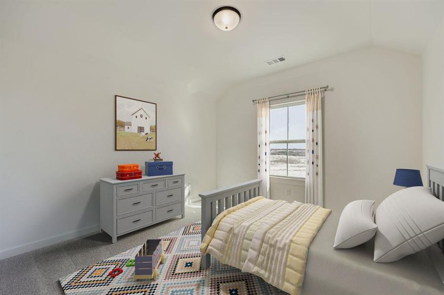 Virtually staged photo - Bedroom with vaulted ceiling and light colored carpet