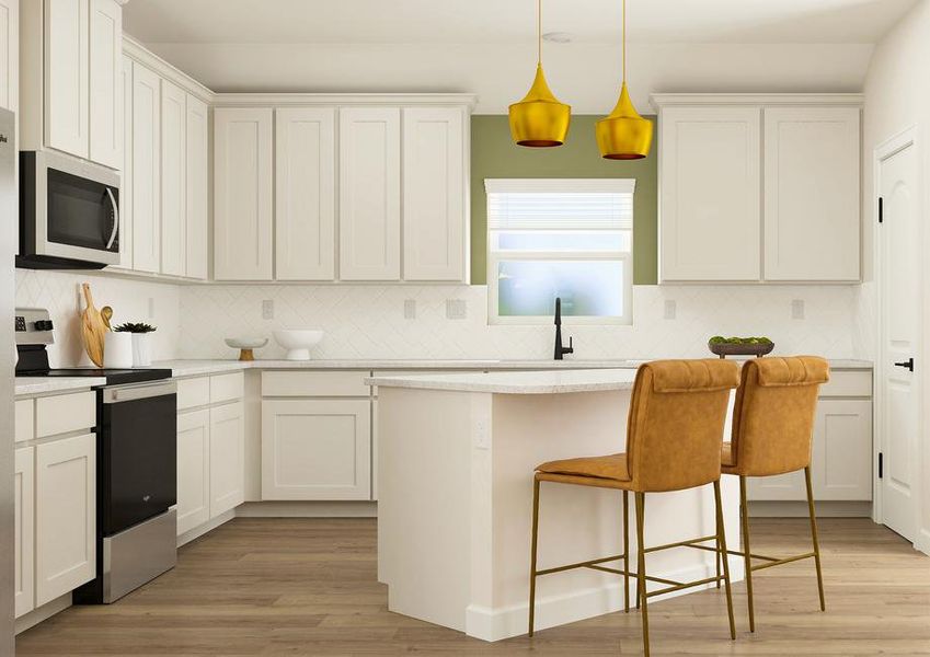 Rendering of the beautiful kitchen in the
  Hendrie. The space has white cabinetry, granite counters and herringbone
  backsplash. Two chairs sit at the large kitchen island.