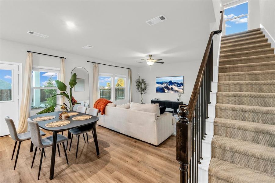 Living room with a wealth of natural light, ceiling fan, and light wood-type flooring