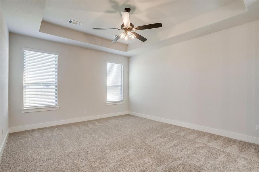 Carpeted spare room with ceiling fan and a raised ceiling