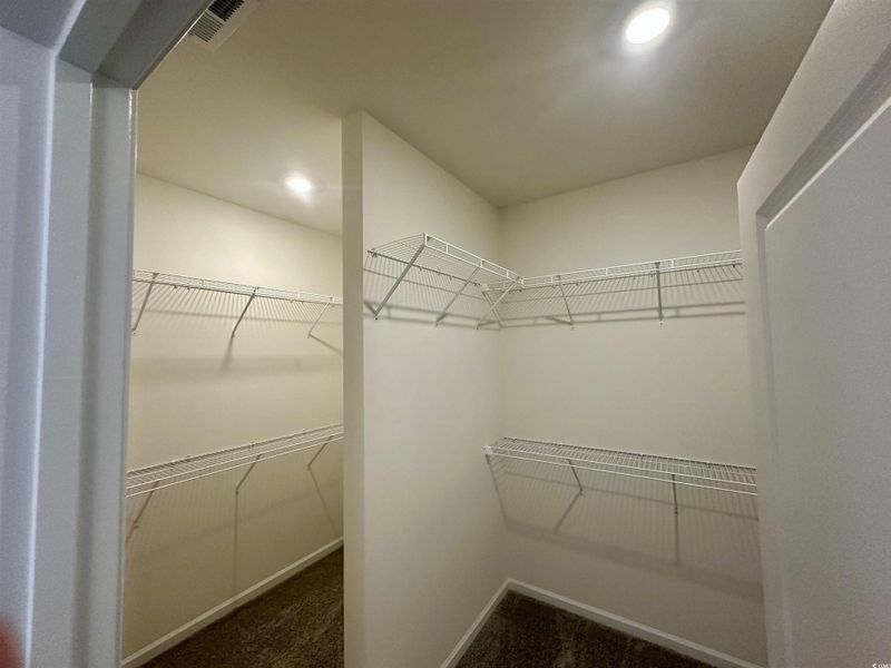 Spacious double closet with dark colored carpet Spacious double closet with dark colored carpet