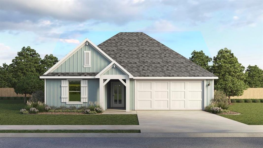 Front exterior of a new home in Windrose, Pilot Point, TX, highlighting curb appeal (Image 1). Front exterior of a new home in Windrose, Pilot Point, TX, highlighting curb appeal (Image 1).