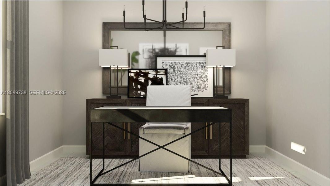 Located just before the Great Room area is a den, offering enhanced flexibility to be used as a media room, additional bedroom or home office, as shown here. Located just before the Great Room area is a den, offering enhanced flexibility to be used as a media room, additional bedroom or home office, as shown here.