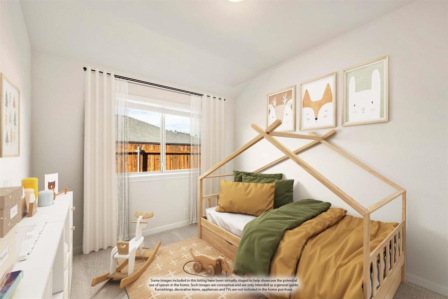 Child's bedroom with wood house-frame bed, white dresser, carpet flooring, and animal wall art