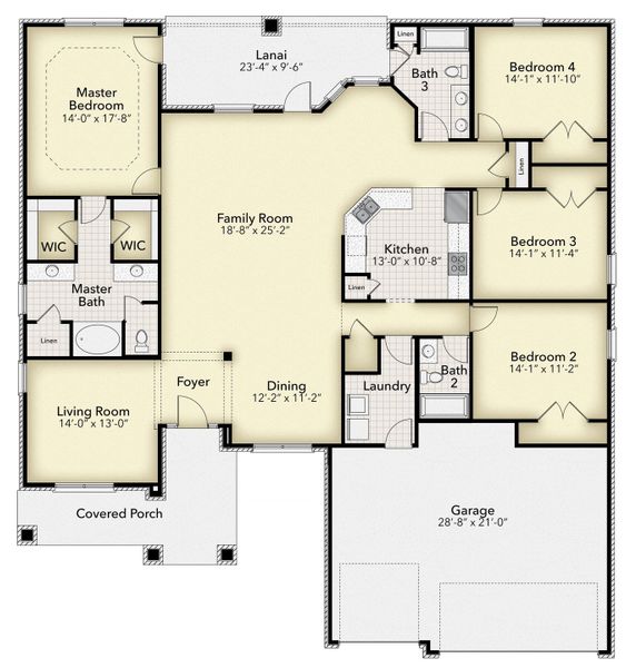 2D floor plan layout for the Plan 2502 by Adams Homes in Cedar Creek at Deerpoint Lake, Panama City, FL (Image 3).