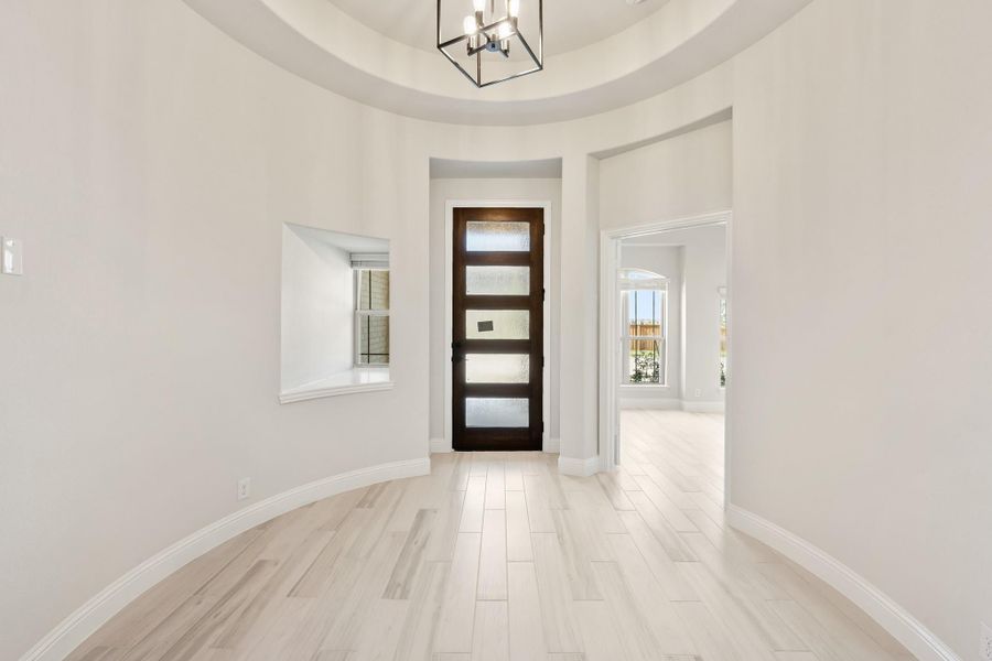 Curved foyer with tray ceiling, chandelier, dark wood front door with glass panels, and light wood floors Curved foyer with tray ceiling, chandelier, dark wood front door with glass panels, and light wood floors