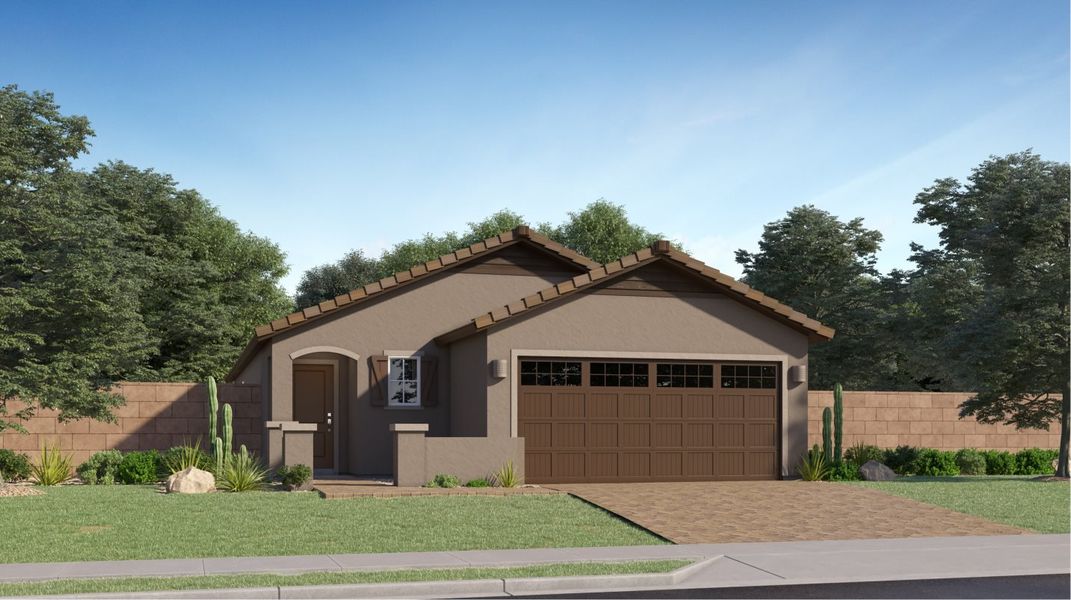 Front exterior of a new home in Ventana Ranch, Buckeye, AZ, highlighting curb appeal (Image 1). Front exterior of a new home in Ventana Ranch, Buckeye, AZ, highlighting curb appeal (Image 1).