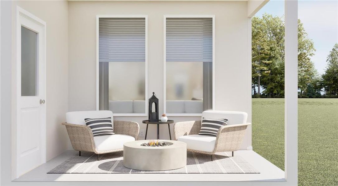 Exterior details and patio area of a home in Wellness Ridge: Eventide Collection, Clermont (Image 2).