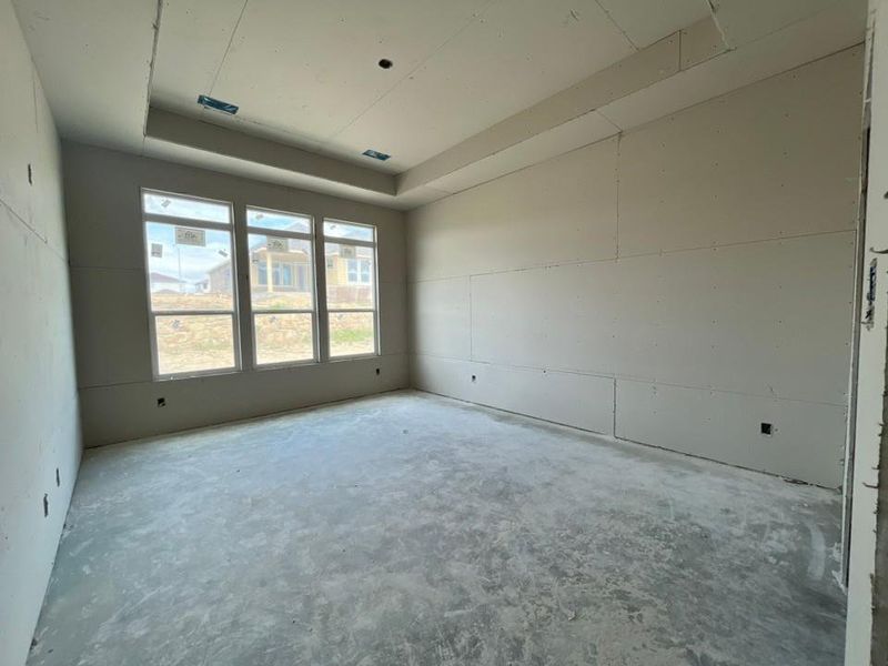 Spacious room with a tray ceiling and three large rectangular windows