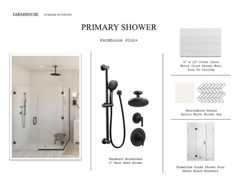Farmhouse Look Palette 4: Primary Bathroom Selection Sheet (*Artist rendering used for illustration purposes only.) Farmhouse Look Palette 4: Primary Bathroom Selection Sheet (*Artist rendering used for illustration purposes only.)